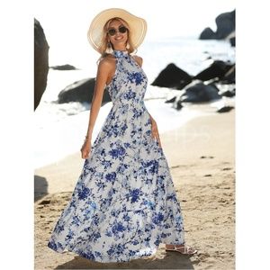 Floral Print Maxi Dress High Neck White Blue Long Flared Halter